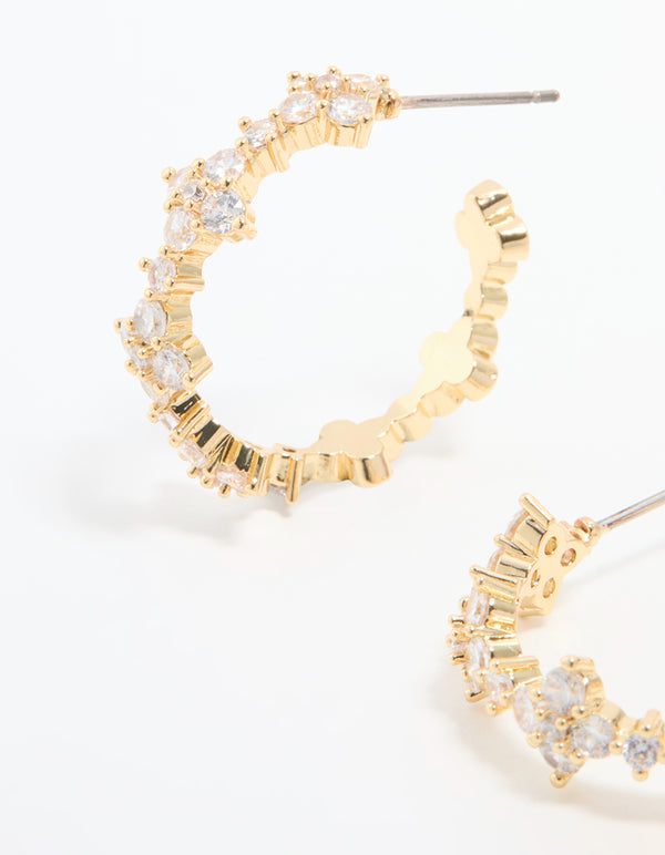 Gold Plated Cubic Zirconia Flower Large Round Hoop Earrings