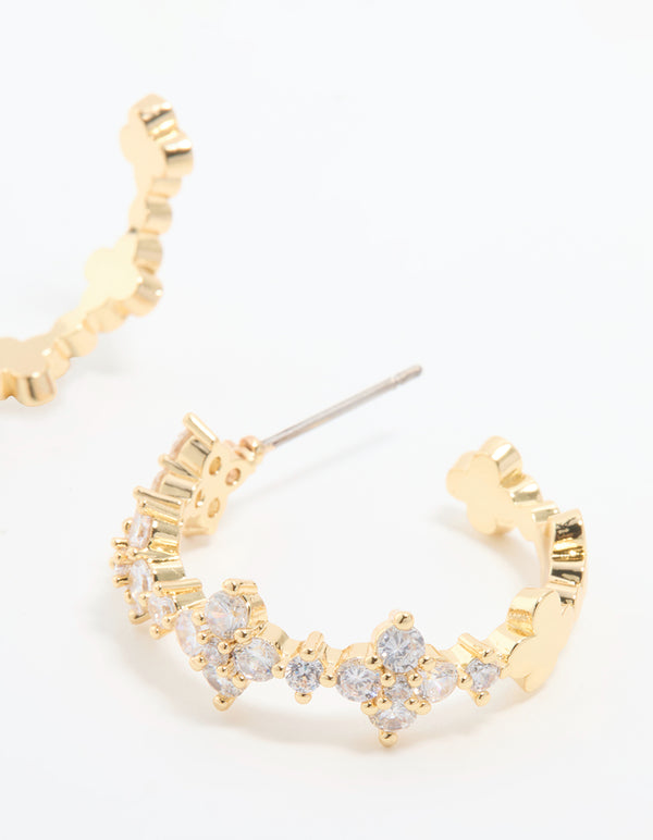 Gold Plated Cubic Zirconia Flower Large Round Hoop Earrings
