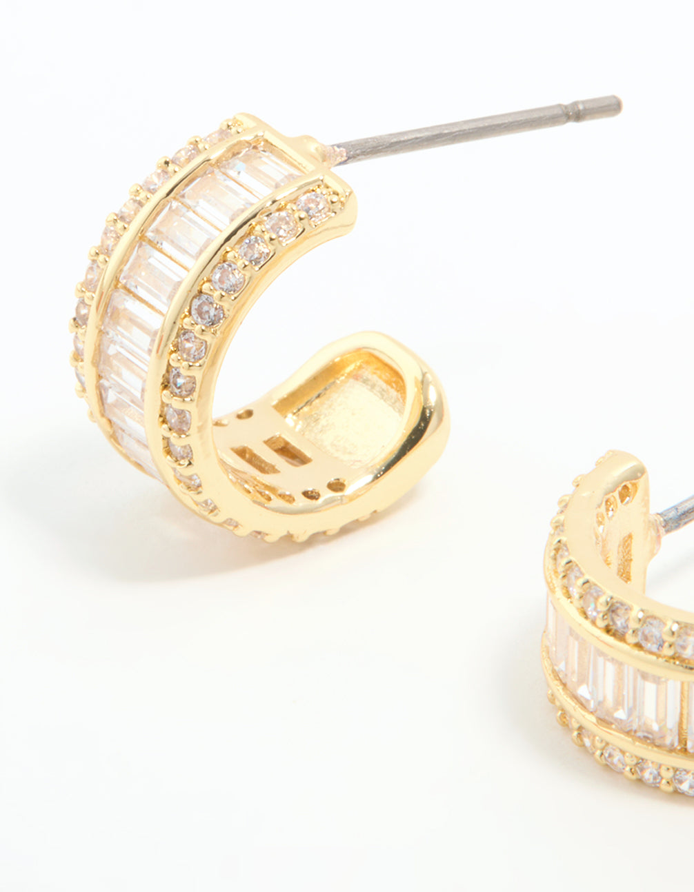 Gold Plated Cubic Zirconia Baguette Small Hoop Earrings