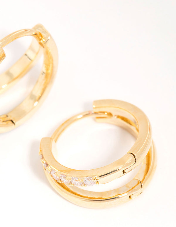 Gold Plated Cubic Zirconia Double Layered Hoop Earrings