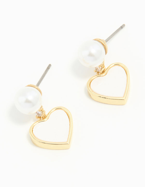 Gold Plated Pearl Catseye Heart Drop Earrings