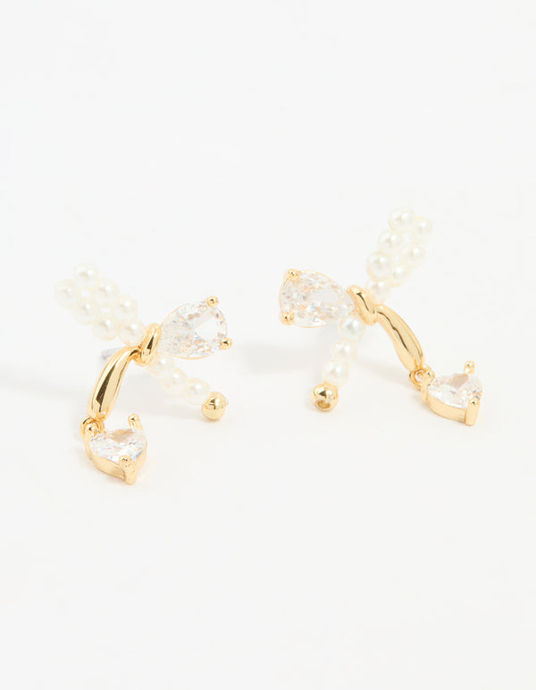 Gold Plated Cubic Zirconia & Pearl Bow Stud Earrings
