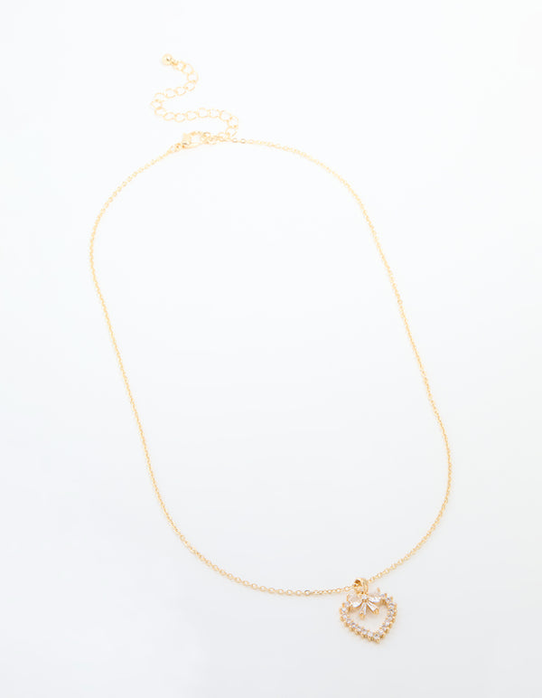 Gold Plated Cubic Zirconia Heart & Bow Pendant Necklace