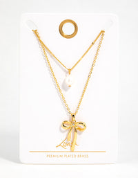 Gold Plated Brass Freshwater Pearl & Bow Layered Necklace - link has visual effect only