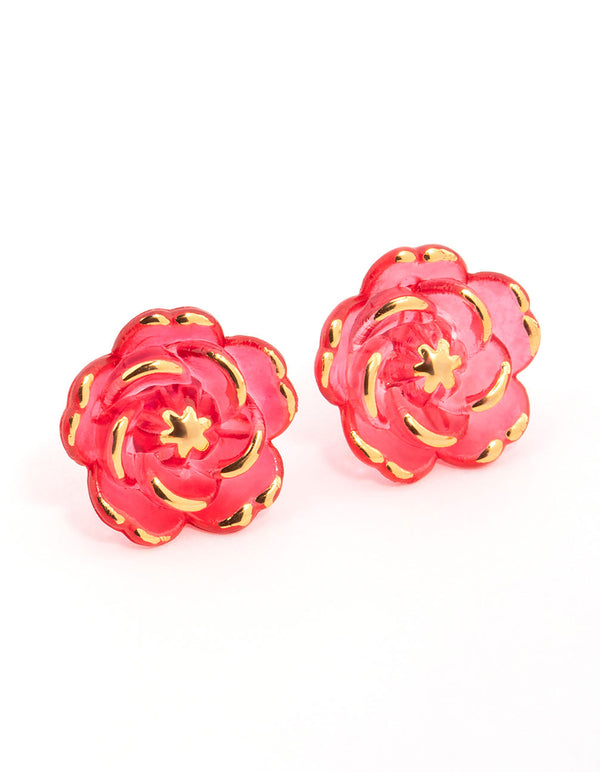 Gold Red Acrylic Flower Stud Earrings