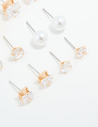 Gold Cubic Zirconia & Pearl Mixed Stud Earrings 6-Pack - link has visual effect only