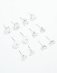 Silver Cubic Zirconia & Pearl Mixed Stud Earrings 6-Pack - link has visual effect only