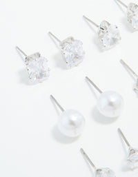 Silver Cubic Zirconia & Pearl Mixed Stud Earrings 6-Pack - link has visual effect only