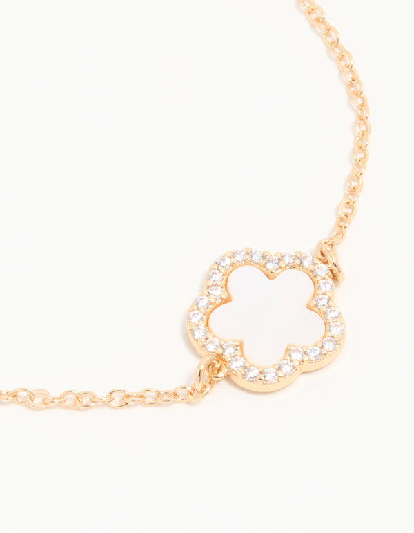 Gold Cubic Zirconia Pink Flower Toggle Bracelet