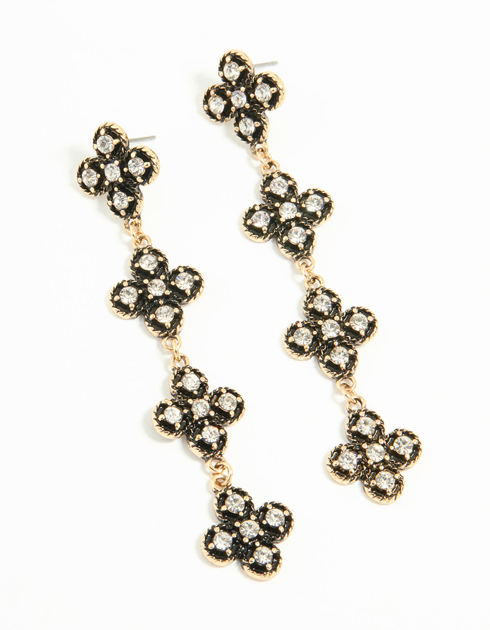Antique Gold Diamante Black Flower Drop Earrings