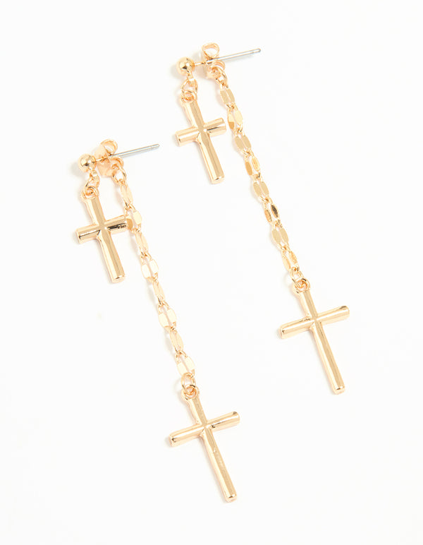 Gold Dangly Cross Drop Earrings