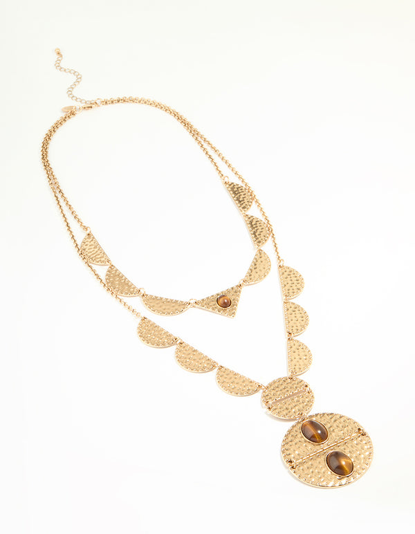 Antique Gold Textured Brown Circle Disc Layered Necklace