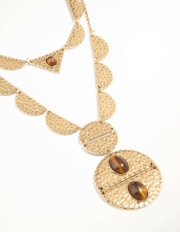 Antique Gold Textured Brown Circle Disc Layered Necklace