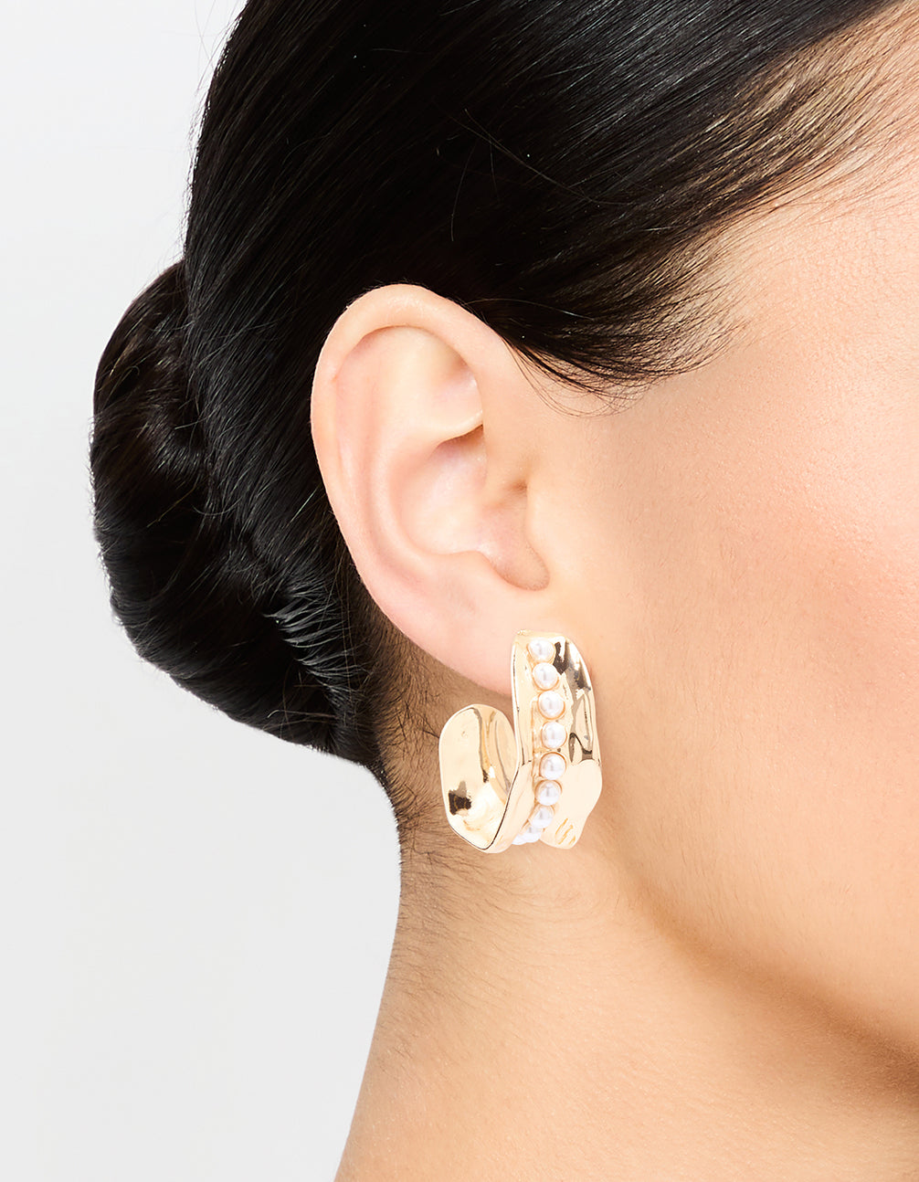 Gold Pearl Molten Thick Hoop Earrings