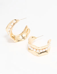 Gold Pearl Molten Thick Hoop Earrings - link has visual effect only
