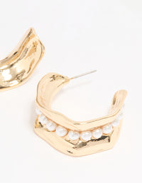 Gold Pearl Molten Thick Hoop Earrings - link has visual effect only