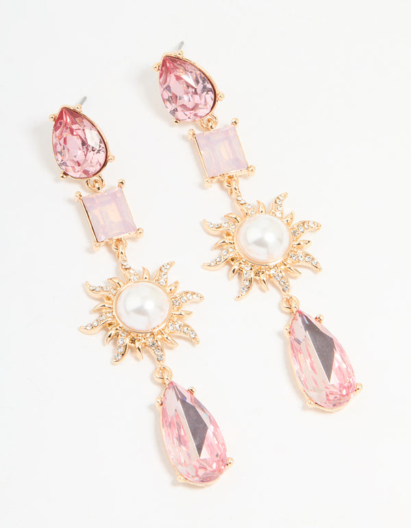 Gold Pink Diamante & Pearl Sun Drop Earrings