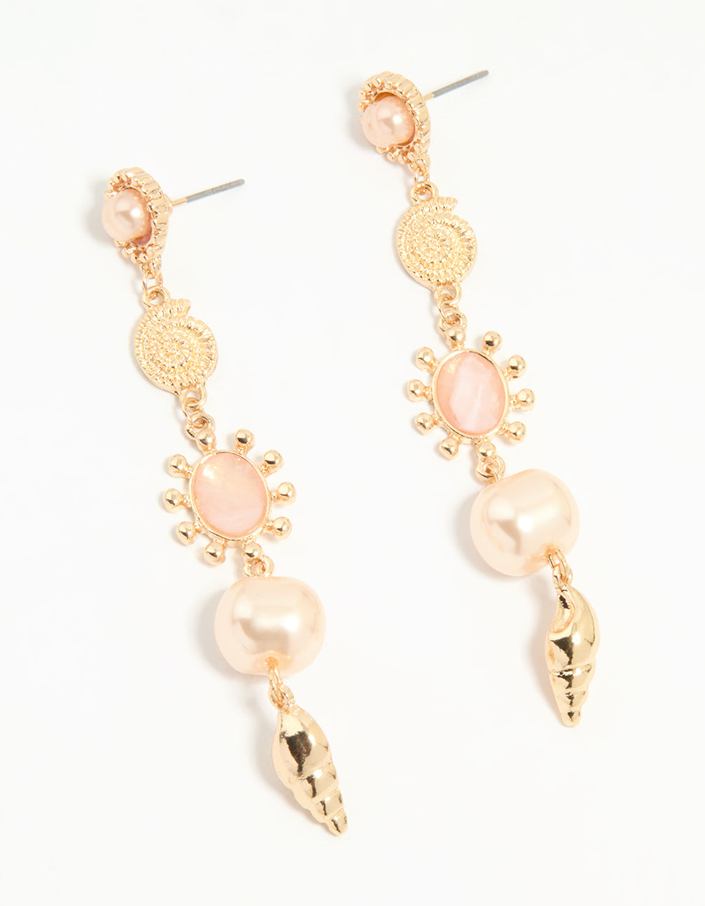 Gold Pearl & Pink Stone Drop Earrings