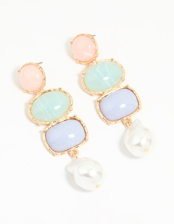 Gold Pearl Pink, Green & Blue Stone Drop Earrings