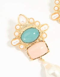 Gold Pearl Pink & Blue Stone Drop Earrings - link has visual effect only