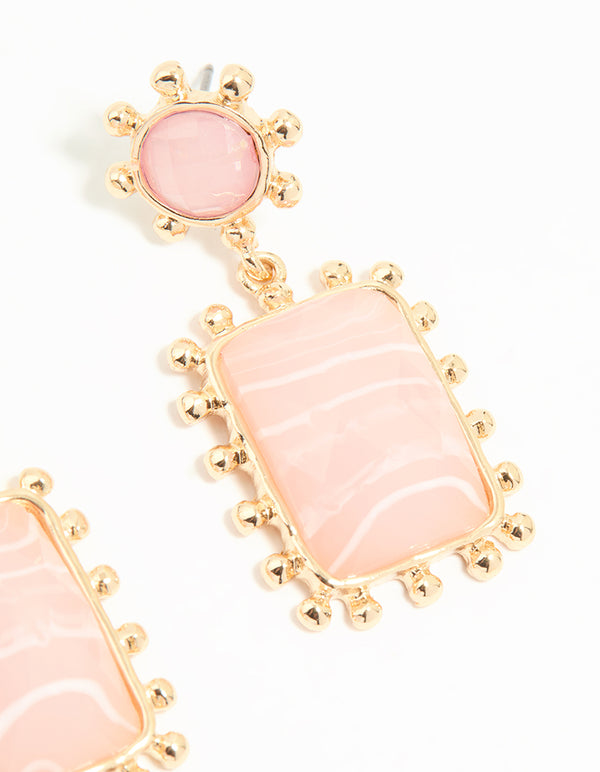 Gold Pink Stone Square Drop Earrings