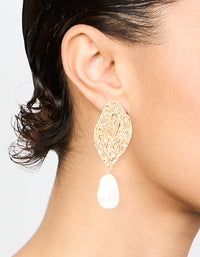 Gold Pearl Hammered Disc Drop Earrings - link has visual effect only