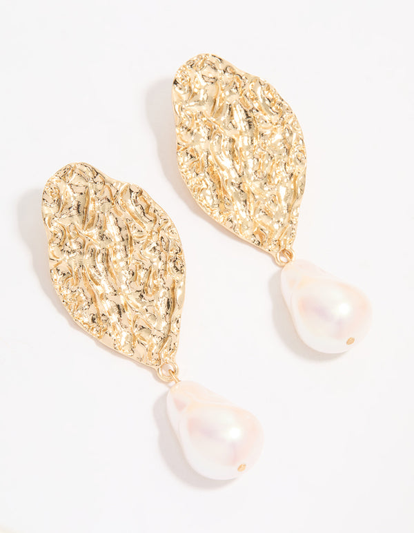 Gold Pearl Hammered Disc Drop Earrings