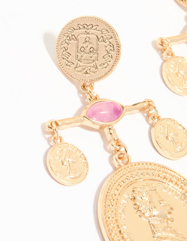 Gold Pink Marble & Coin Mobile Drop Earrings