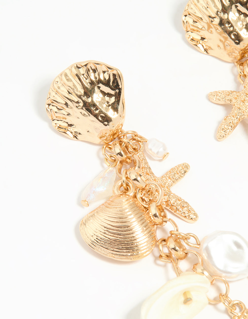 Gold Pearl & Ribbed Shall Charm Drop Earrings