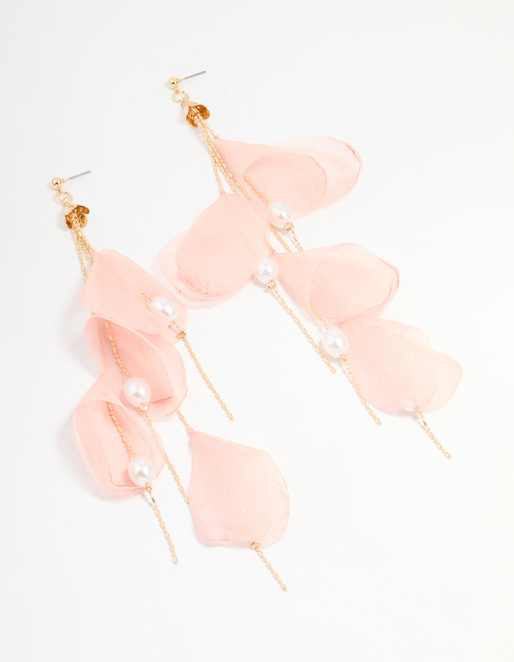Pink Fabric Petal Chain Pearl Drop Earrings