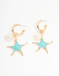 Gold Pearl & Blue Starfish Charm Huggie Earrings - link has visual effect only