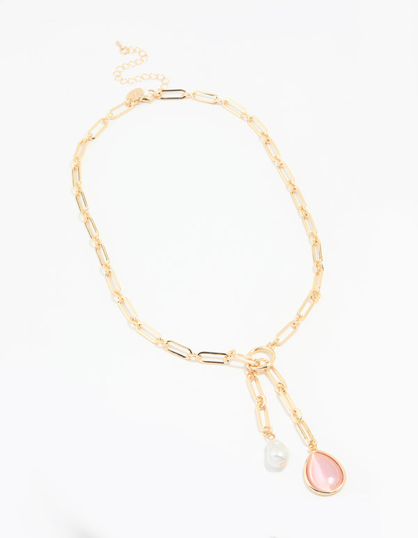 Gold Pink Gem & Pearl Drop Y-Necklace