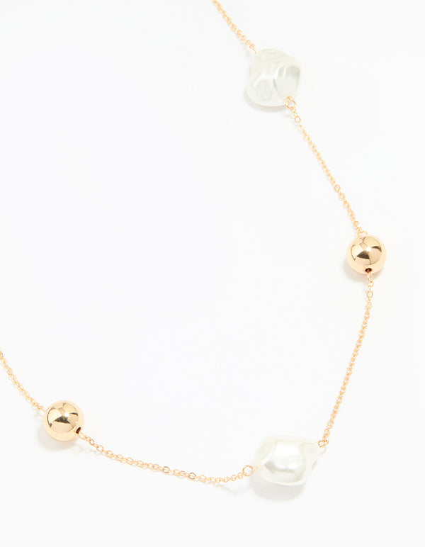 Gold Pearl & Solid Ball Long Link Necklace