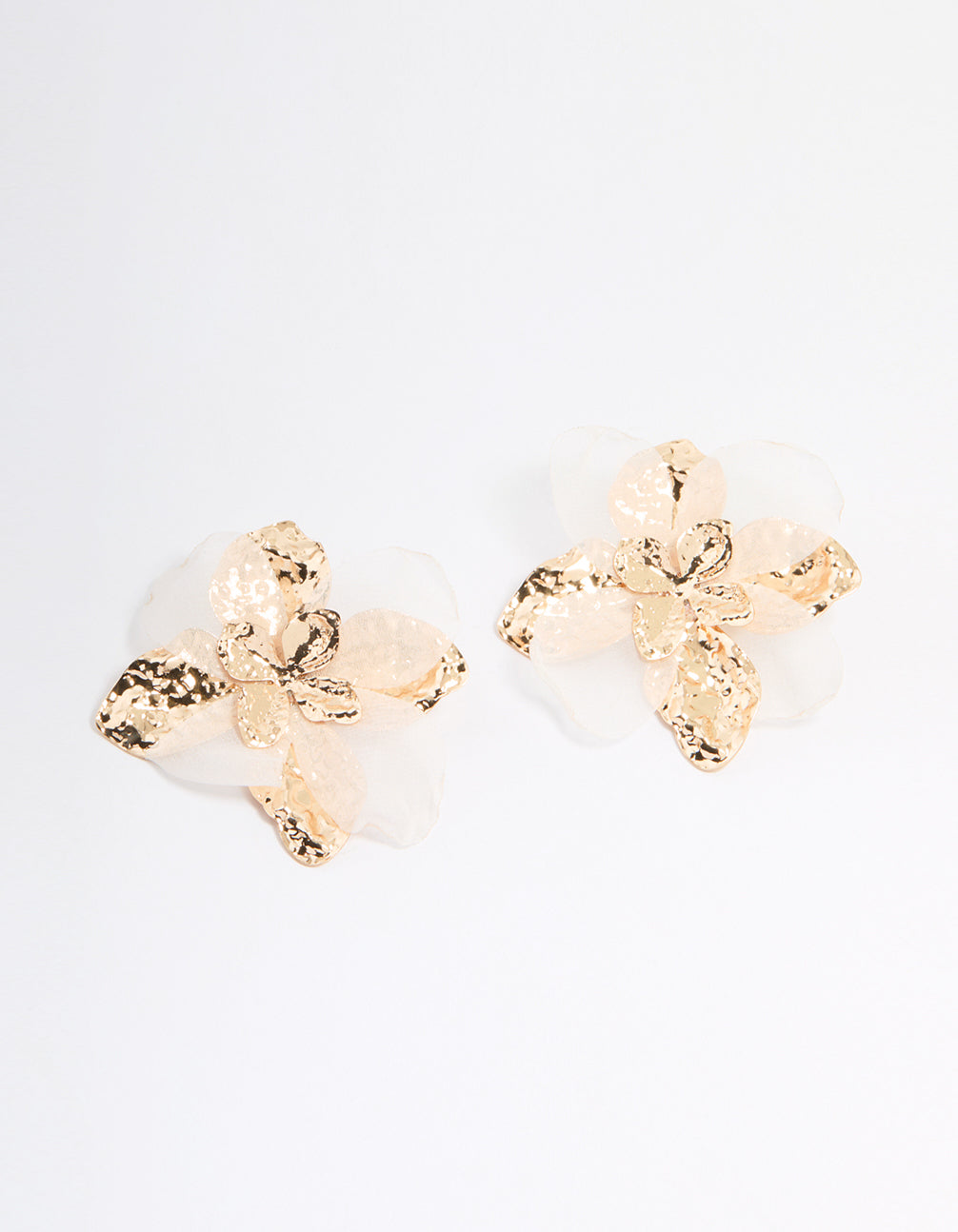 Gold White Fabric Flower Drop Earrings