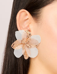 Gold White Fabric Flower Drop Earrings - link has visual effect only