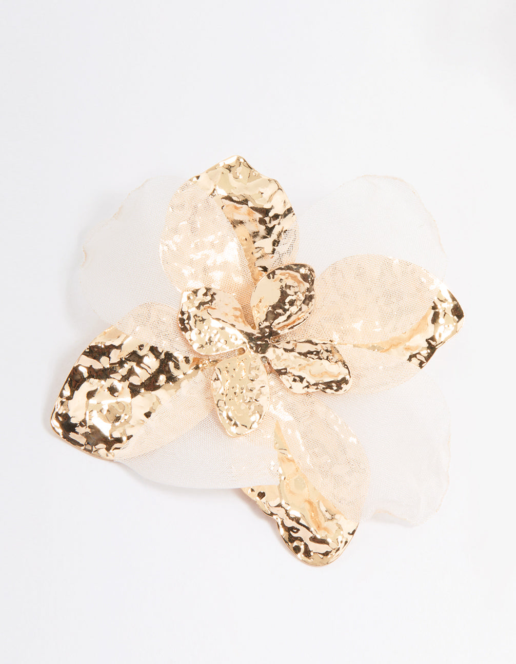 Gold White Fabric Flower Drop Earrings
