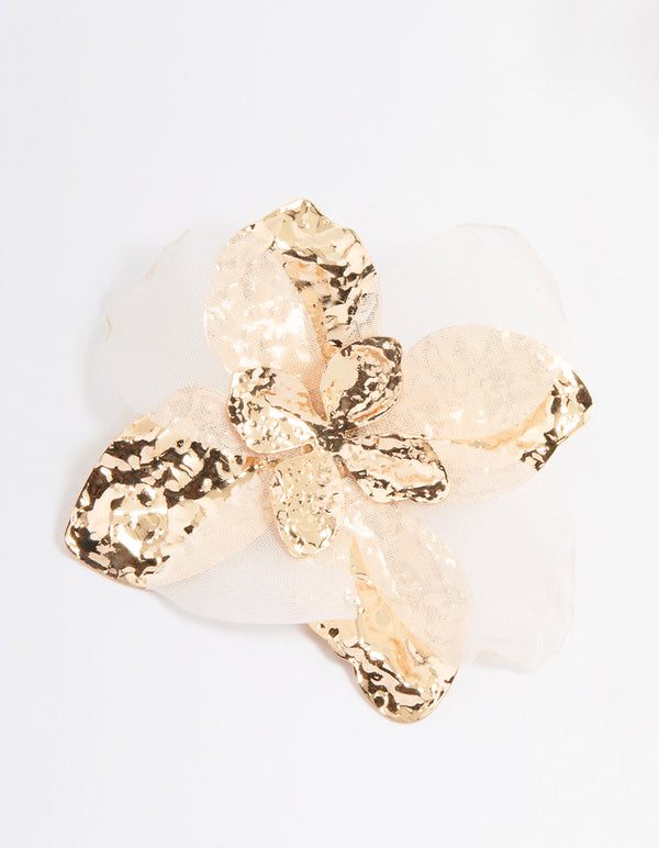 Gold White Fabric Flower Drop Earrings