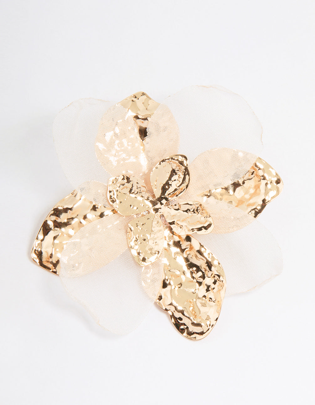 Gold White Fabric Flower Drop Earrings
