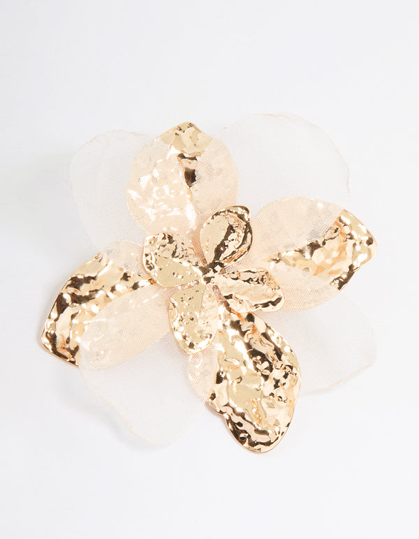 Gold White Fabric Flower Drop Earrings