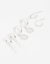 Silver Diamante Cross Huggie Earrings 3-Pack - link has visual effect only