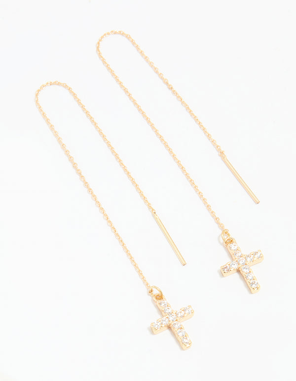 Gold Cubic Zirconia Cross Threader Earrings