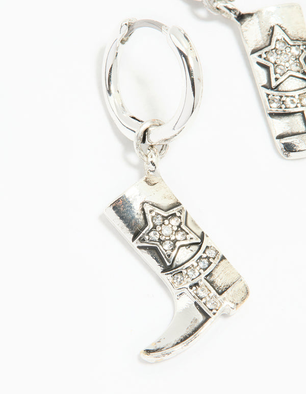 Antique Silver Diamante Cowboy Boot Drop Earrings