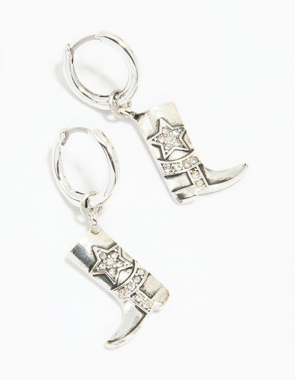 Antique Silver Diamante Cowboy Boot Drop Earrings