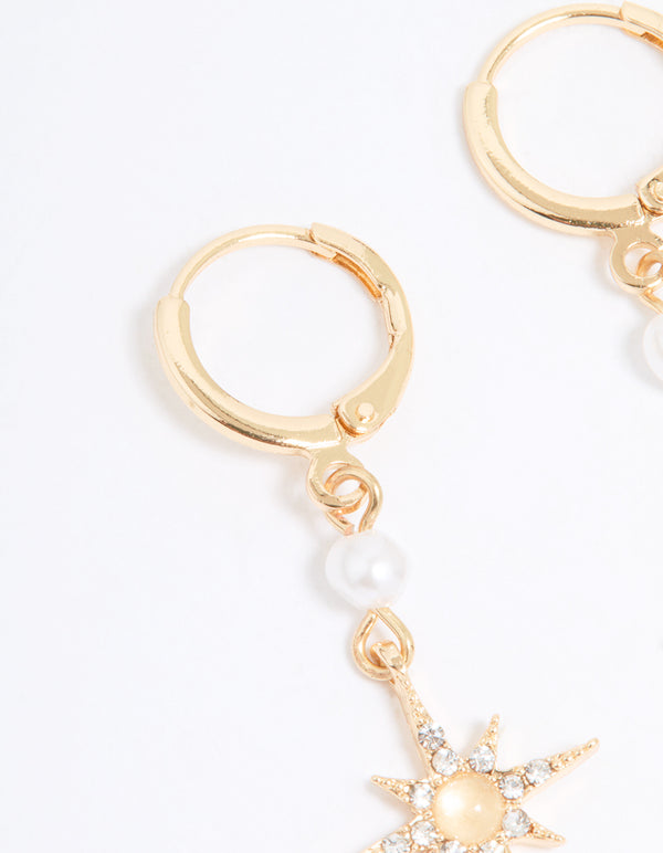 Gold Diamante & Pearl Star Drop Huggie Earrings