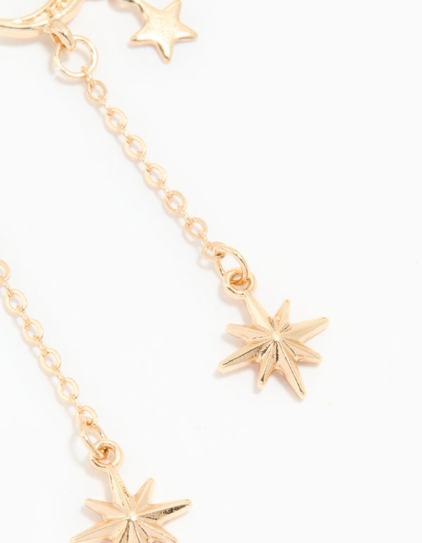 Gold Diamante Celestial Chain Drop Huggie Earrings