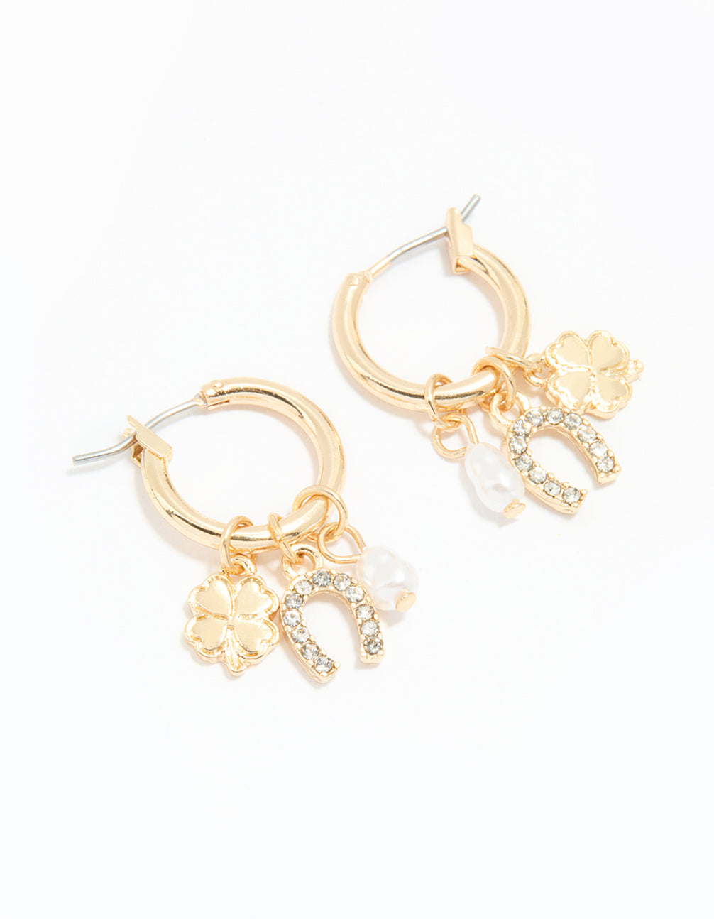Gold Diamante Horseshoe & Clover Huggie Earrings