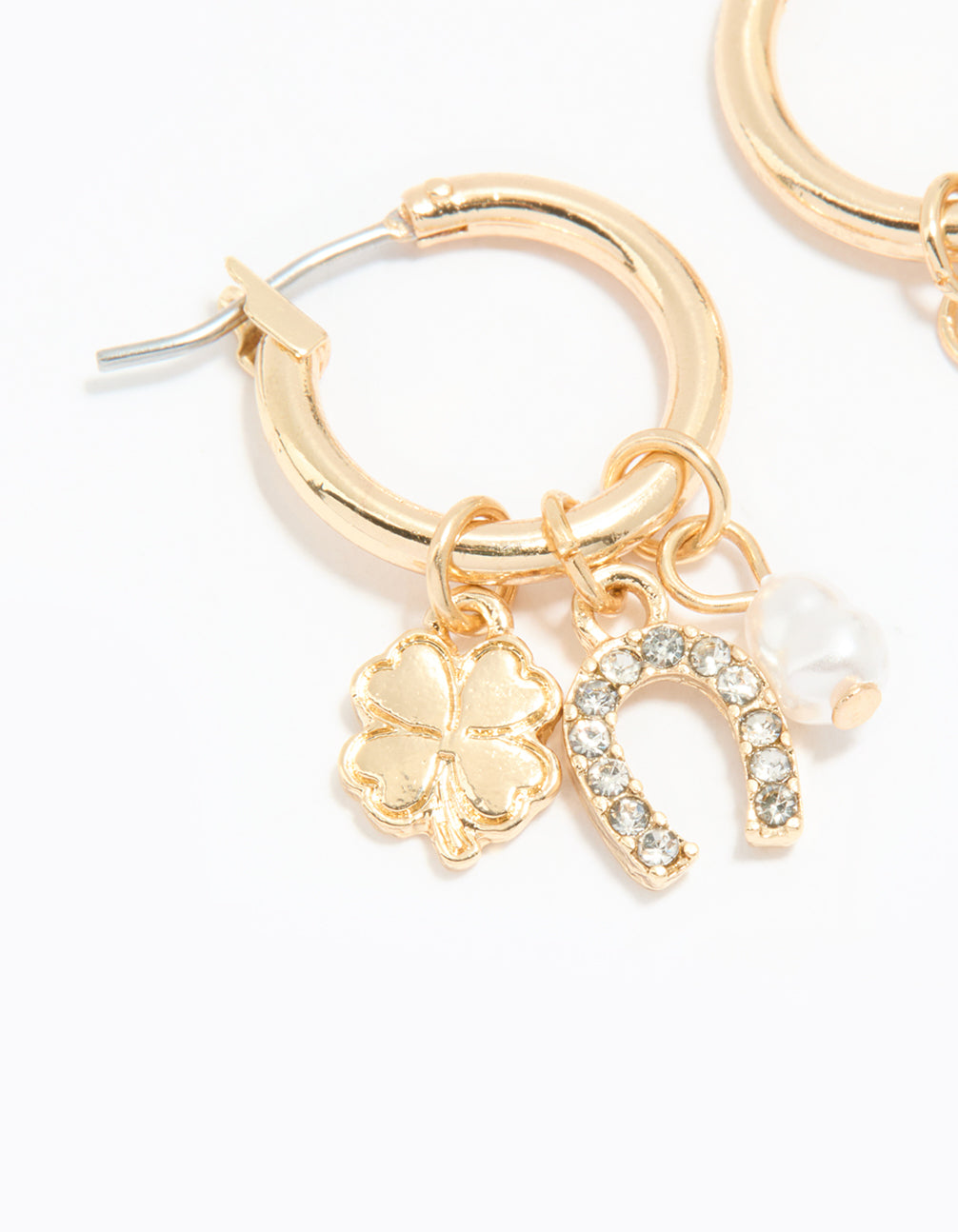 Gold Diamante Horseshoe & Clover Huggie Earrings