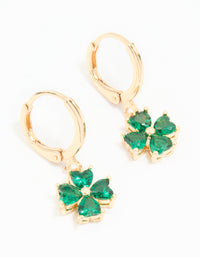 Gold Green Cubic Zirconia Lucky Clover Huggie Earrings - link has visual effect only