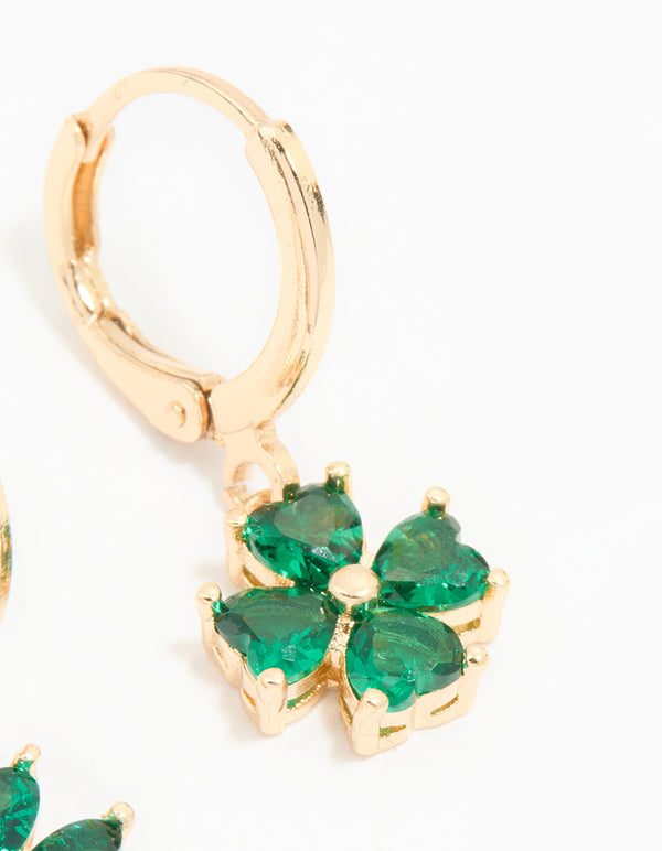 Gold Green Cubic Zirconia Lucky Clover Huggie Earrings