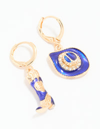 Gold Blue Enamel Mixed Cowgirl Huggie Earrings - link has visual effect only